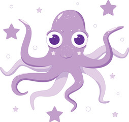  Vector illustration of a cute purple octopus. Baby octopus with stars children's illustration. Octopus character.