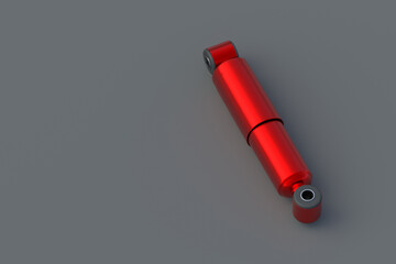 Red shock absorber for car or moto on dark background. Automotive spare parts. New component for auto suspension. Copy space. 3d render