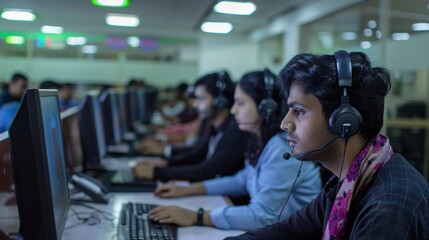 Realistic picture of a callcenter with a working diverse team.
