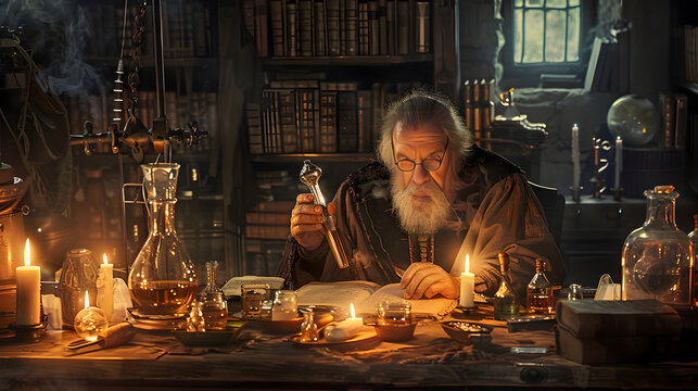 A bearded alchemist in Renaissance clothing conducts mysterious experiments with bubbling potions and ancient texts.
