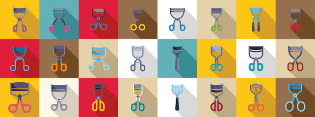 Eyelash Curler icons set. Set of various eyelash curlers on different backgrounds with long shadow, beauty and fashion concept