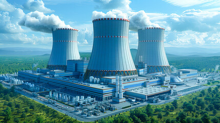 Nuclear power plant generating electricity with steam coming from cooling towers
