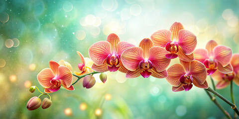 A delicate arrangement of pink and orange orchids stretches across a dreamy, bokeh-filled background. The warm tones of the flowers contrast beautifully with the cool background.AI generated.