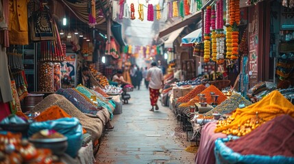 A vibrant Indian bazaar with merchants selling traditional clothes, jewelry, and spices, showcasing the lively atmosphere of a typical market