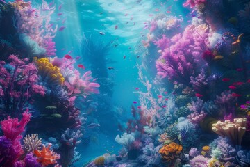 large group of fish swimming in large aquarium, breathtaking underwater scene showcasing colorful coral reef teeming with diverse marine life