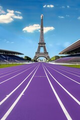 A curved extended purple stadium runway with the Eiffel Tower in the background, Olympics