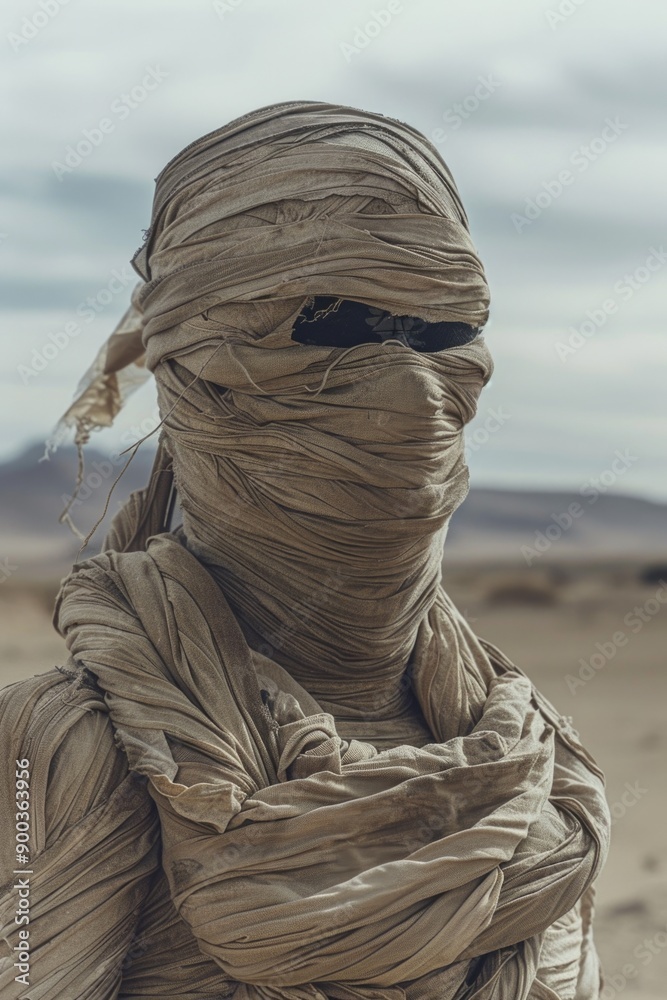 Poster a person is seen with their head and face wrapped, standing in a desert environment