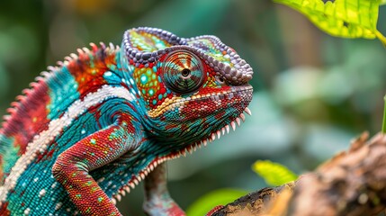 Close up of a colorful Chameleon in wilderness of Singapor