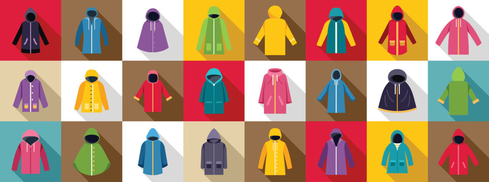 Raincoat icons set. Large set of colorful raincoats protecting from rain and wind, different styles of waterproof outerwear for men and women