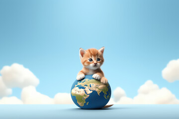 cute gray cat kitten sitting on globe world with sky  background  travel concept  Cat day, Animal and a pet. - Powered by Adobe