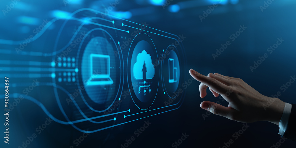 Wall mural cloud computing concept. human hand touching futuristic virtual screen with cloud computing, laptop 