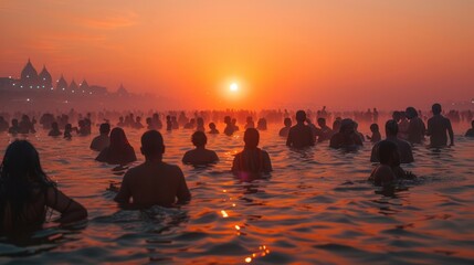 A serene scene of pilgrims taking a holy dip in the Ganges River during the Kumbh Mela, capturing the spiritual significance and devotion of the event