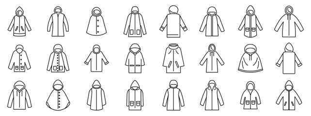 Raincoat icons set. Large set of different raincoats protecting from rain in line style