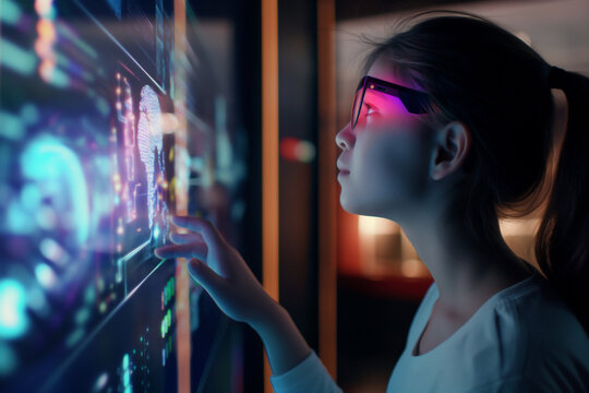 teen using colourful simplistic artificial intelligence on virtual screen with simple minimalist colourful UI for education - future education concept, virtual classroom