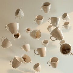 Obraz premium Realistic image showcasing multiple coffee cups floating in the air, each cup captured with intricate detail and lifelike textures
