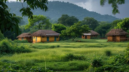 A serene image of a rural Indian village with mud huts, traditional thatched roofs, and lush green fields, capturing the simplicity and beauty of village life