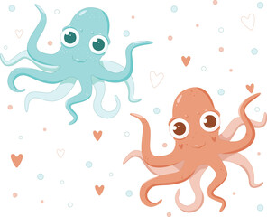  Set of vector cute octopuses. Baby octopuses with drops children's illustration. Octopus character blue and orange.