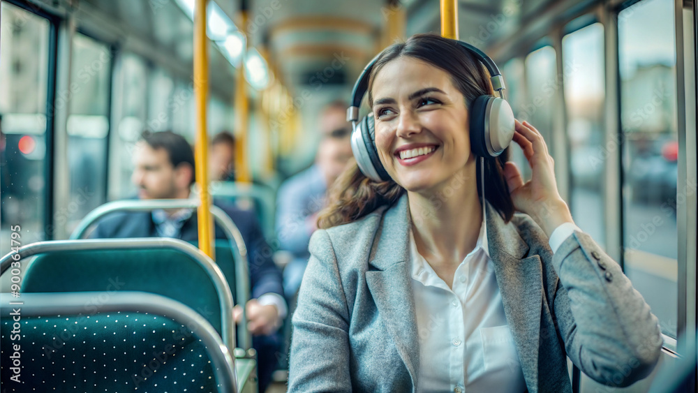 Wall mural Young businesswoman listening to music with headphones in a bus. Focus on the woman