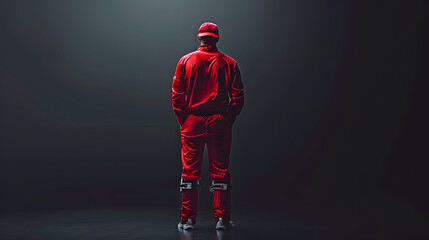 Back view of man, cricket sportsman in full red uniform against dark background. Copy space for ad