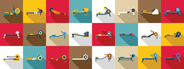 Rowing Machine icons set. Rowing machine icon set in flat style showing different types of cardio workout equipment