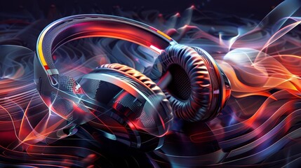 A futuristic depiction of headphones with dynamic colors and light effects, showcasing cuttingedge audio technology