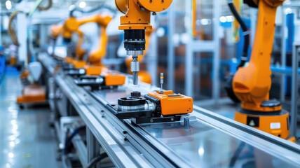 Fototapeta premium Automated robotic arms engaged in precision manufacturing on an industrial assembly line for efficient production.