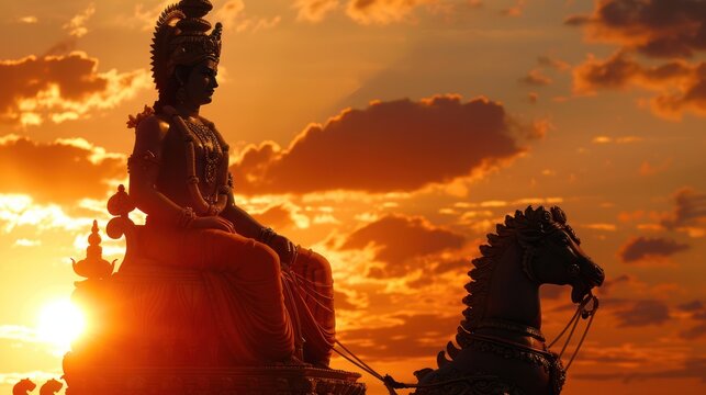 A peaceful depiction of Lord Surya, the sun god, riding his chariot across the sky, symbolizing light and energy