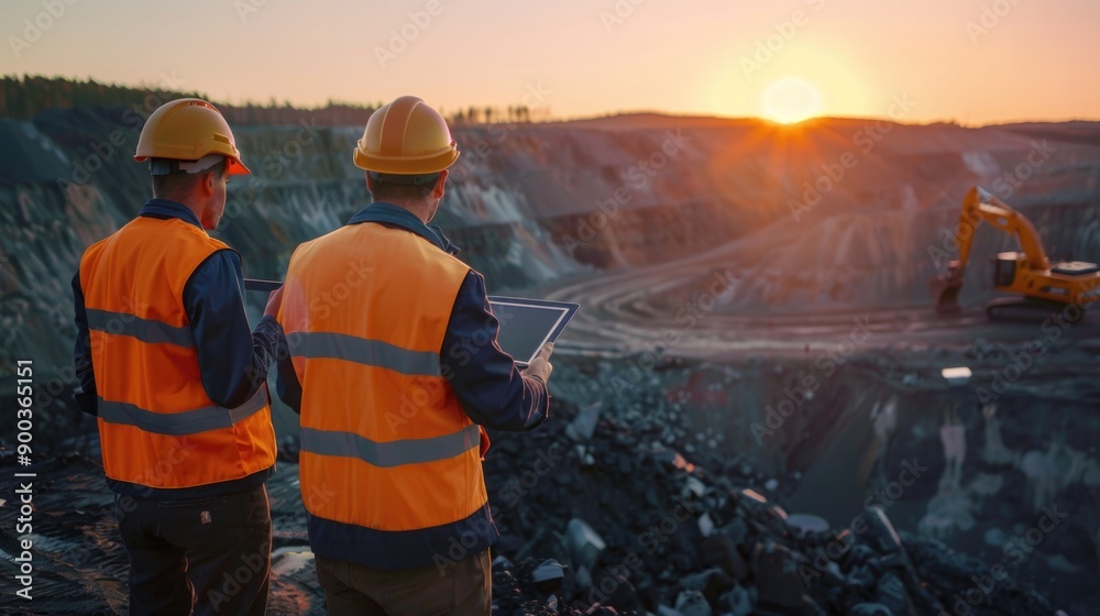 Aufkleber Two construction workers examining computer on site