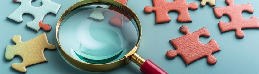 Obraz premium A conceptual image of uncovering scams with a magnifying glass and puzzle pieces, emphasizing vigilance