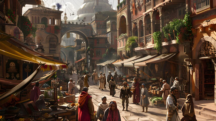 Vibrant city streets lined with historic buildings and bustling market stalls in Renaissance style.