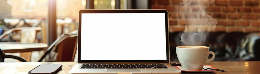 A laptop with a blank screen in a cozy coffee shop, next to a cup of steaming coffee and a smartphone
