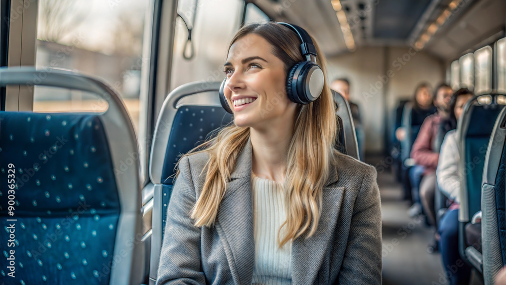 Wall mural Young businesswoman listening to music in headphones while traveling by train.