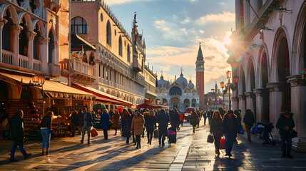 Obraz premium Vibrant city scene with historic architecture, bustling markets, and lively streets under a blue sky.