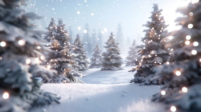 A snowy forest with pine trees covered in snow and illuminated by twinkling lights.  A magical winter wonderland.