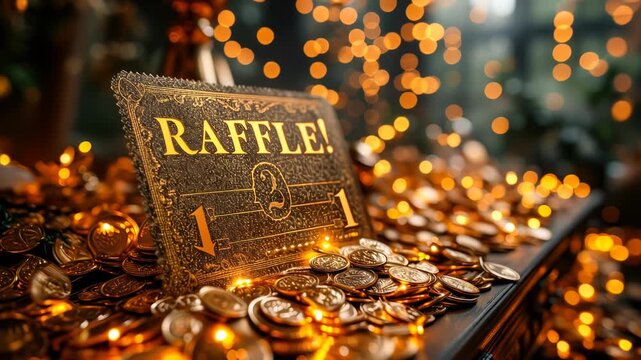 Golden Raffle Ticket on Pile of Coins with Sparkling Lights, Symbolizing Chance, Competition, and Luck in a Prize Draw or Lottery Event at Night