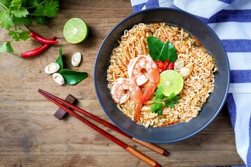 Tom yum kung with noodles , thai style instant  spicy noodles with shrimp , noodles tom yum with shrimp 