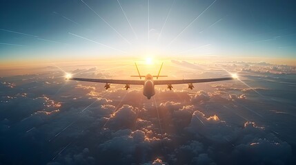 A drone soaring above the clouds with sunrise rays illuminating the sky, perfect for themes of technology, innovation, and aviation, versatile for publications and educational materials on aerospace,