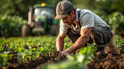 Photo of a multiacre field with green tractor hyper realistic photograph