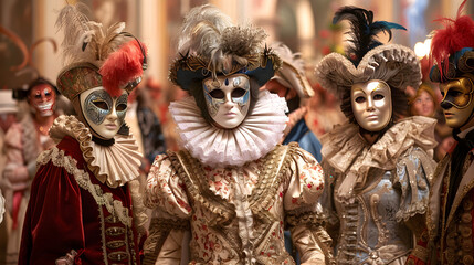 Extravagant masquerade ball in Renaissance style with ornate costumes and masks, set in grand hall.