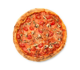Tasty pizza with mushrooms, herbs and tomato isolated on white, top view