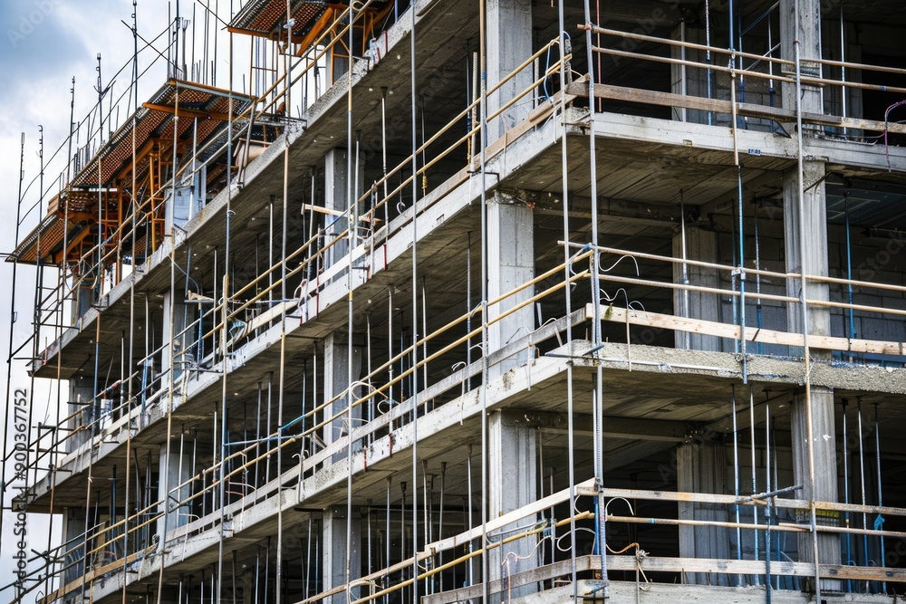 Poster construction workers at work on a high-rise building with scaffolding on one side