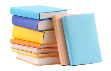 Many bright colorful books isolated on white