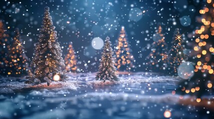 Snowy winter forest with glowing Christmas trees.  Magical, festive scene.  Perfect for holiday cards and backgrounds.