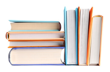 Many bright colorful books isolated on white