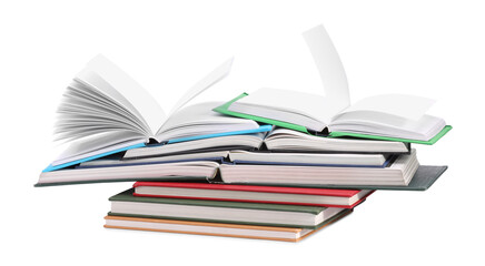 Many bright colorful books isolated on white