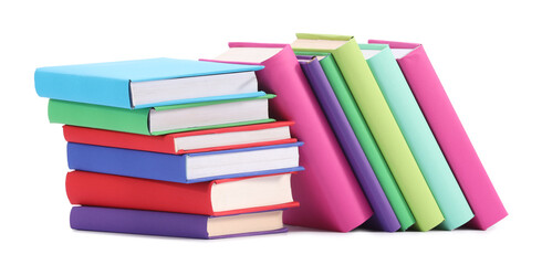 Many bright colorful books isolated on white