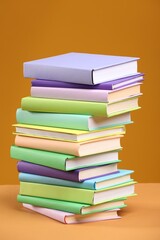 Stack of colorful books on orange background