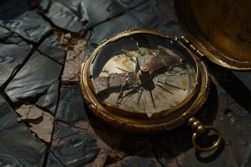 compass sitting on top of rock, broken compass, that despite being impaired, points towards stunning destination
