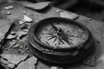 compass sitting on top of rock, broken compass, that despite being impaired, points towards stunning destination