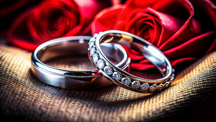 Wedding rings on red cloth with festive lights